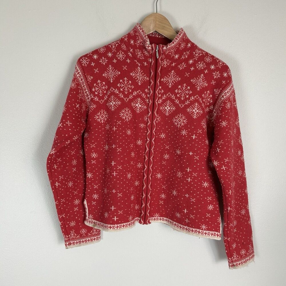 Obermeyer Women's S Red Wool Borealis Sweater Full Zip Ski Fair Isle Nordic